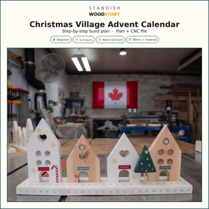 Christmas Village Advent Calendar build plan with CNC file: four wooden houses and a tree on a 25-day countdown base