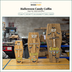 Halloween Candy Coffin step-by-step build plan Shop square (WS-CC-01): three finished coffins in the shop