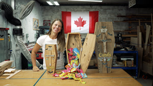 Halloween Candy Coffin filled with candy: three finished sizes, middle lid open and overflowing