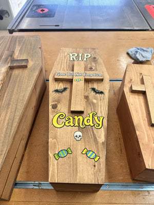 Halloween Candy Coffin decor close-up: RIP and Candy lid art on the finished coffin
