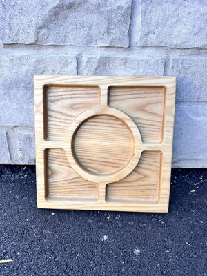 Square ash wood snack tray with four corner sections around a round centre section