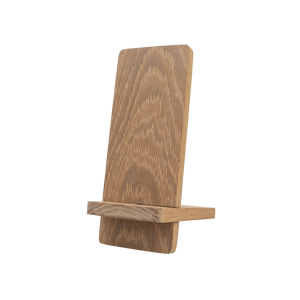 White oak phone holder, empty, with its back panel and front ledge