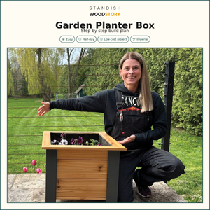 Cover of the Garden Planter Box build plan with Winnie beside the finished planter