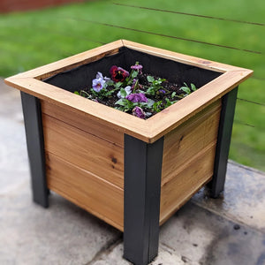 Square cedar planter box with black legs, planted with pansies